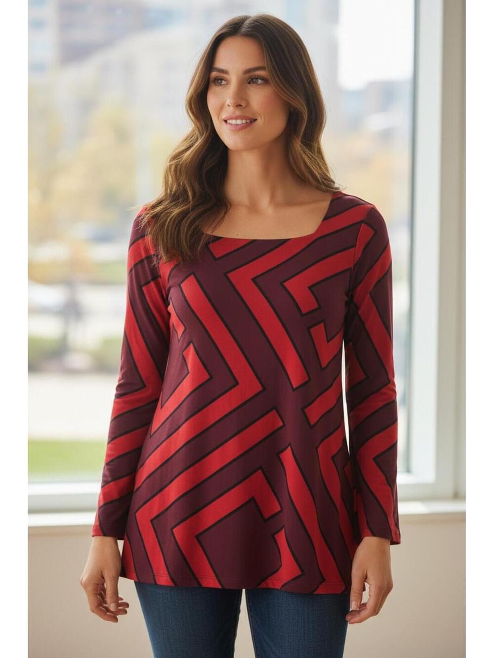 Liz Claiborne Women's Geometric Print Long Sleeve Top, Size Small
